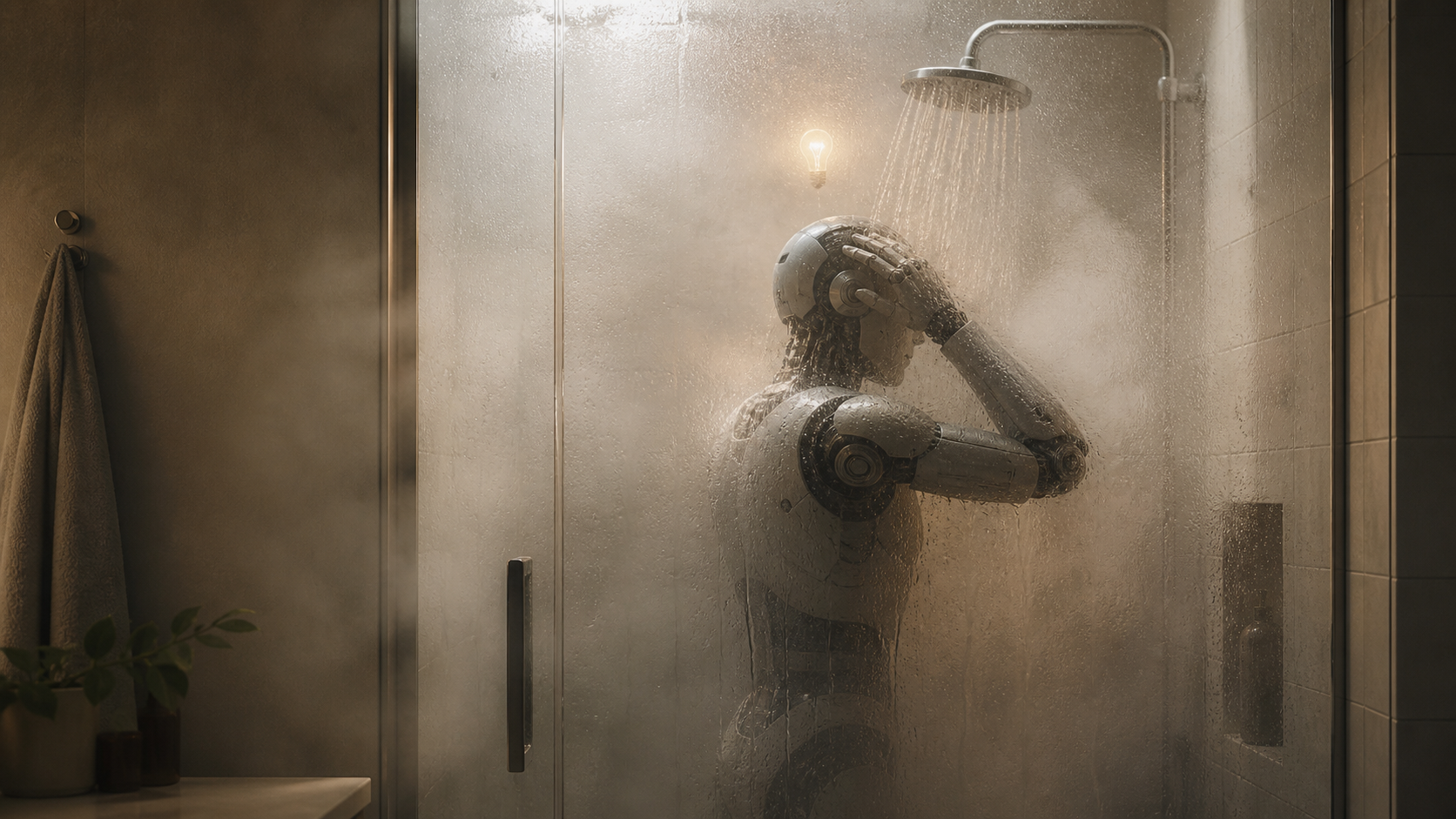 A humanoid robot showering behind steamed glass with a glowing lightbulb nearby