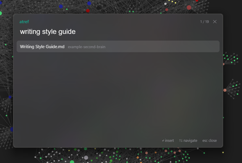 atref's picker fuzzy-matching the query 'writing style guide' down to a single result
