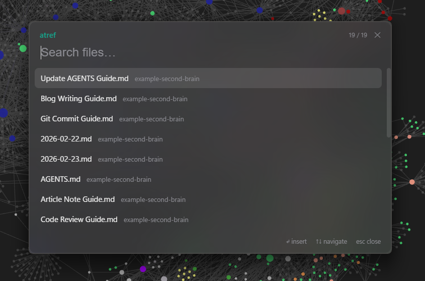 atref's picker open over the desktop, listing second-brain guides like Git Commit Guide and Blog Writing Guide