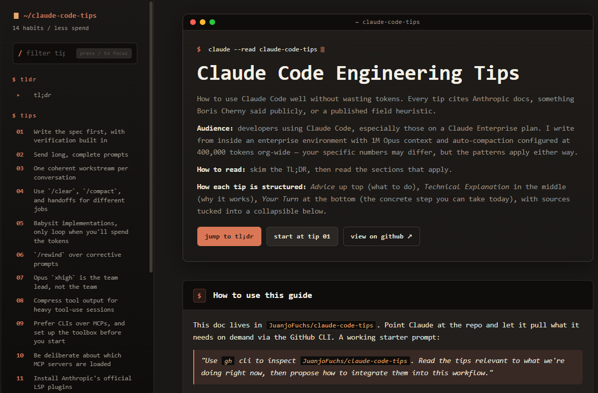The Claude Code Engineering Tips guide rendered as a dark, terminal-styled site