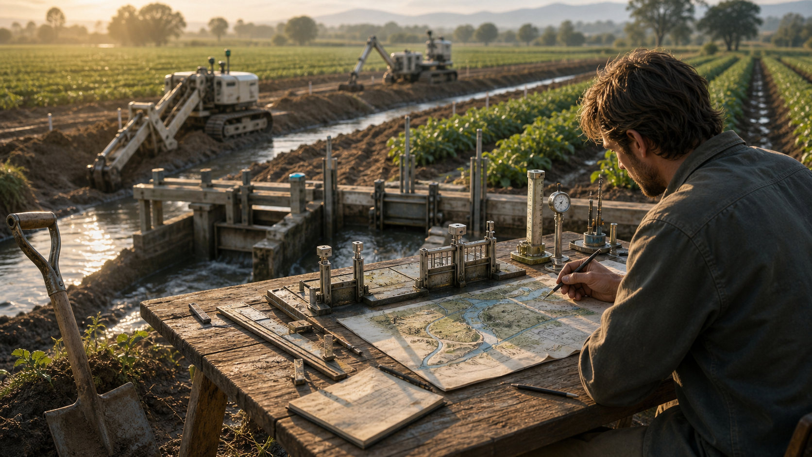 A designer sketches an irrigation plan at a field table while machines dig the channels and a shovel sits unused