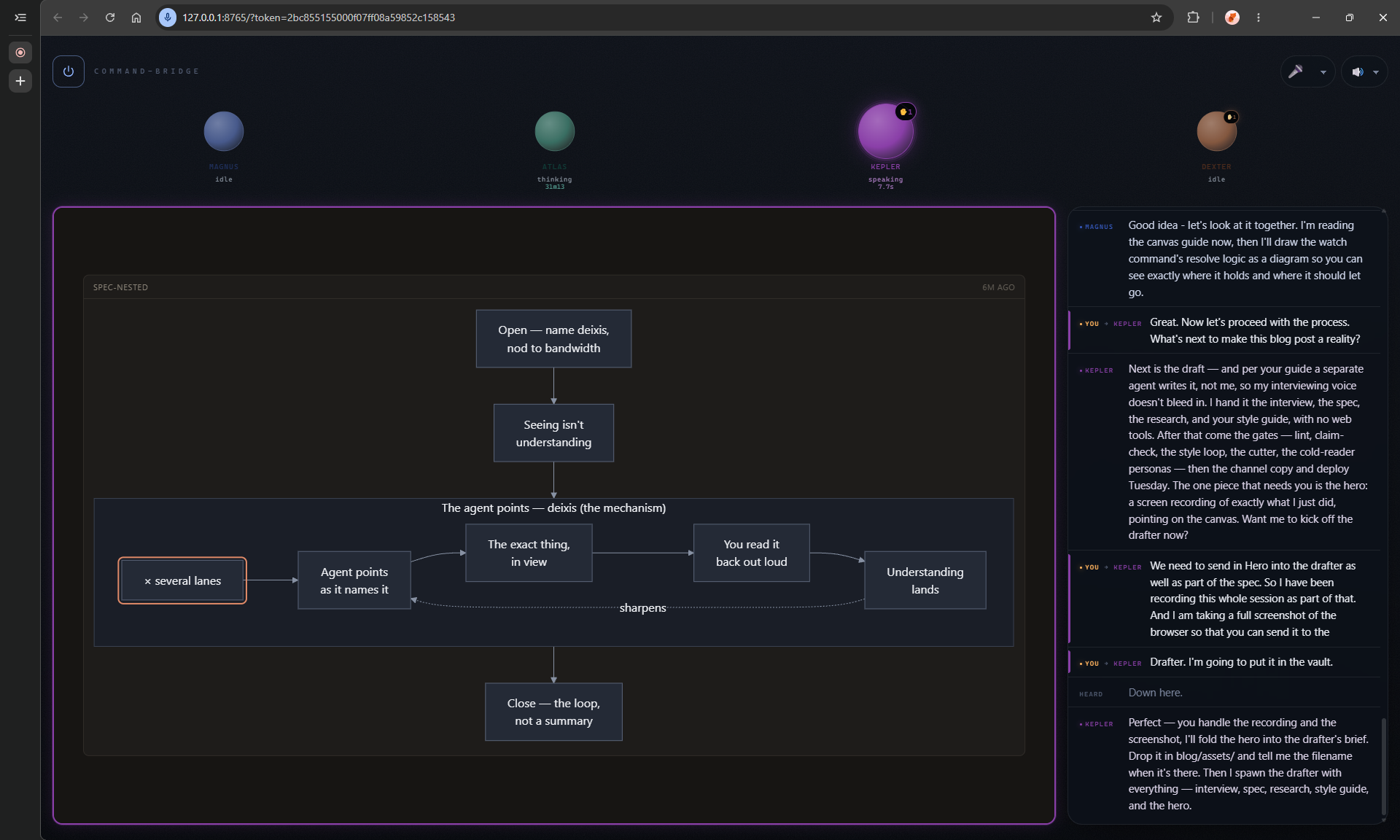 The kepler agent orb lit, pointing at a highlighted node in a nested diagram, four lanes above, transcript beside.