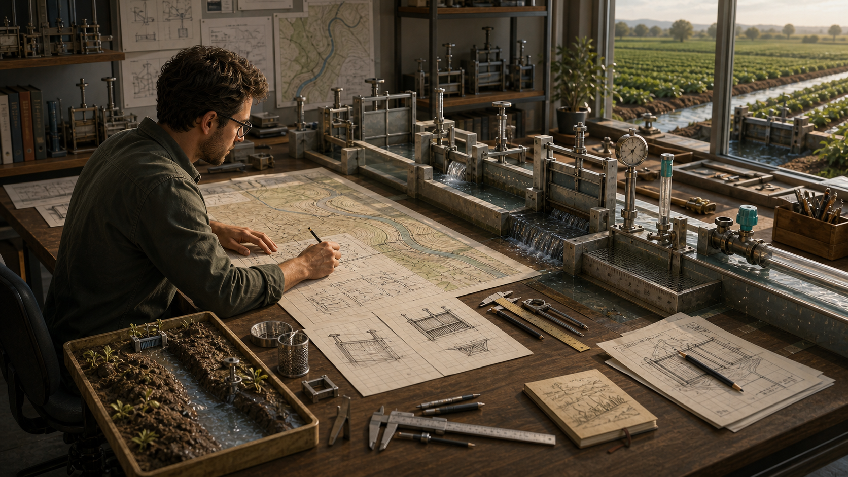 A designer drafts detailed blueprints of irrigation control gates, the checkpoints water must pass through