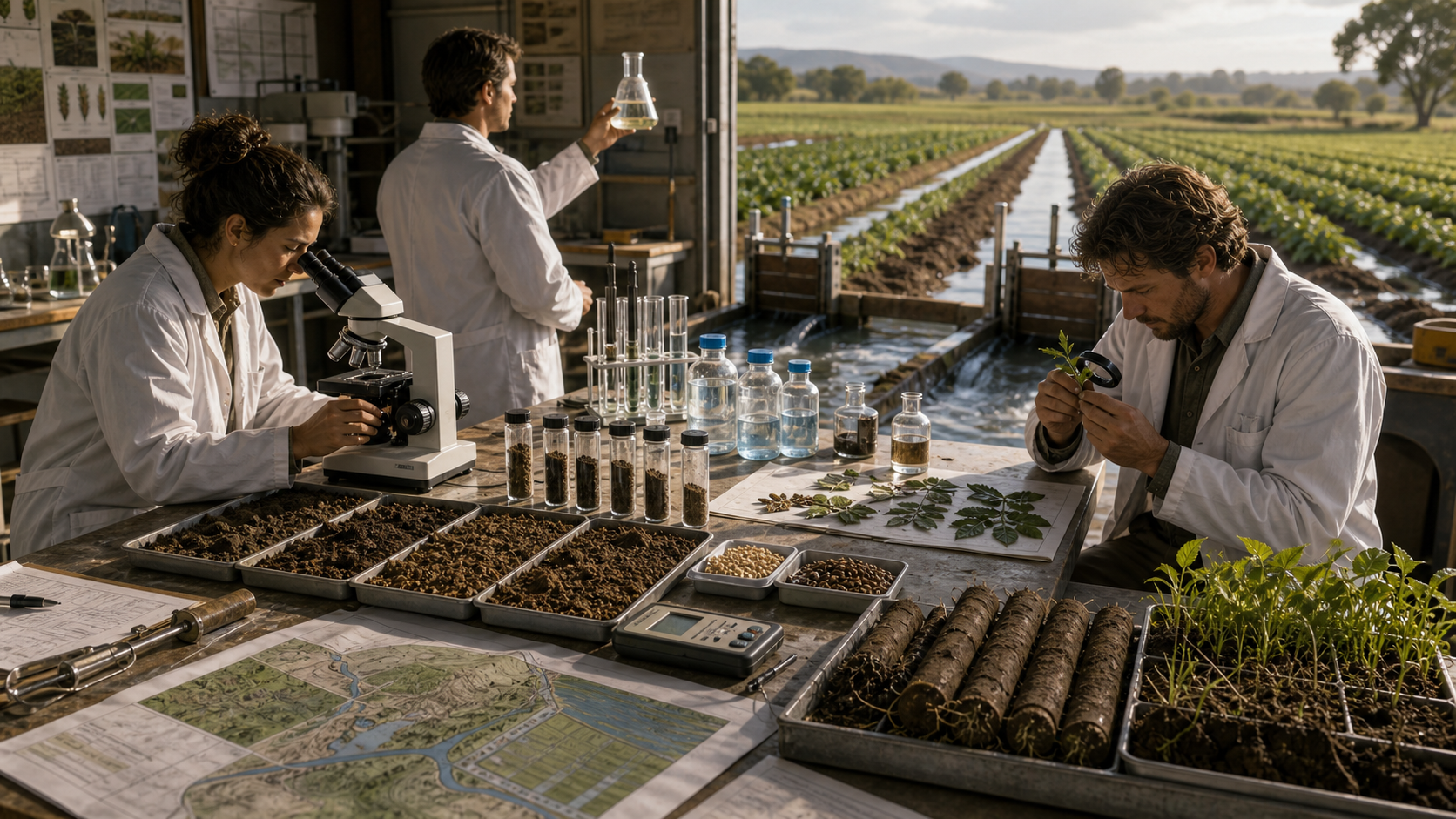 Researchers in a field lab analyze soil cores, water samples, and plant leaves to judge what healthy looks like