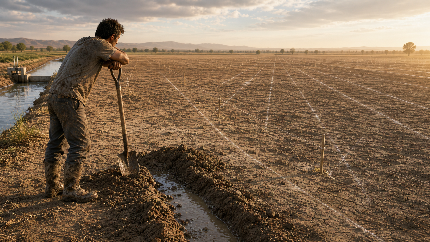 A lone worker leans on a shovel by one hand-dug furrow, facing a vast plowed field he can't dig by hand
