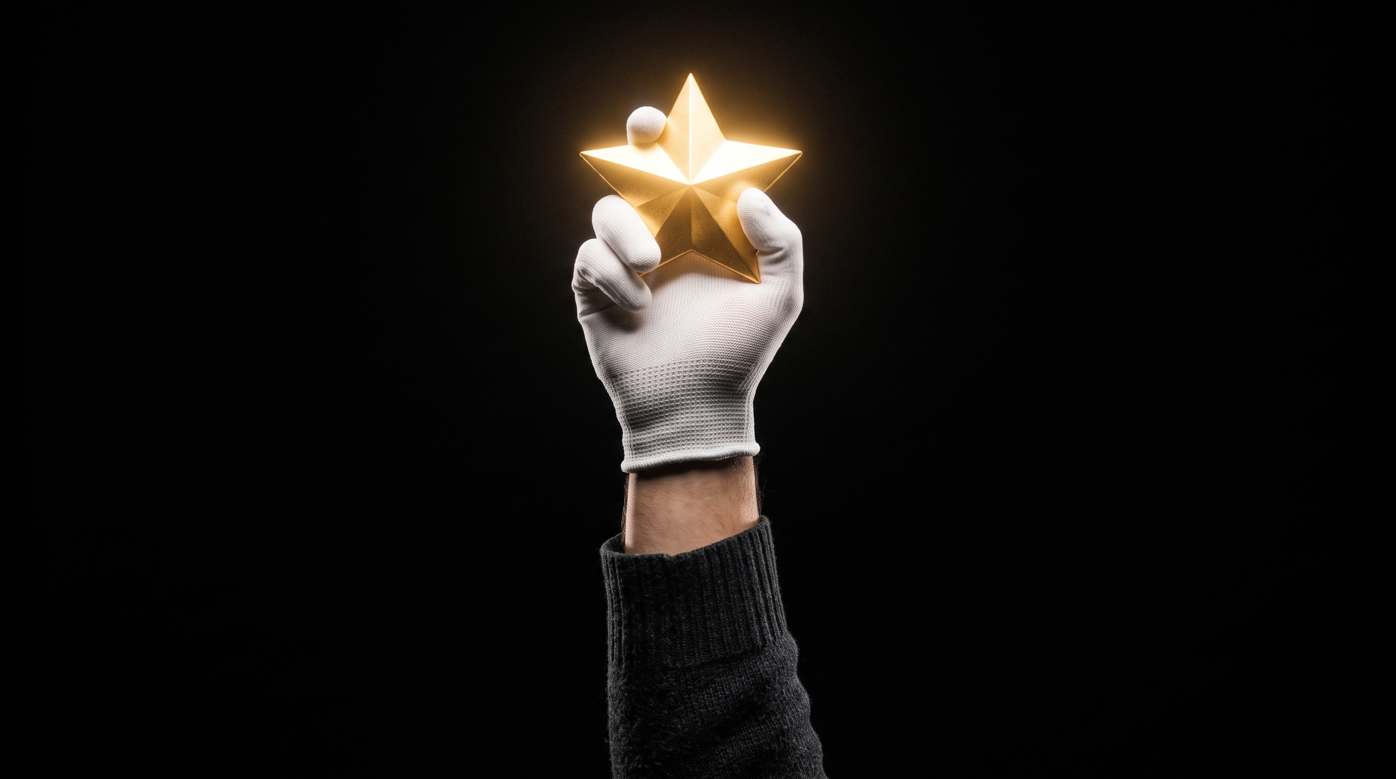 A white-gloved hand raises a single glowing gold star into pure darkness, the star the only light in frame