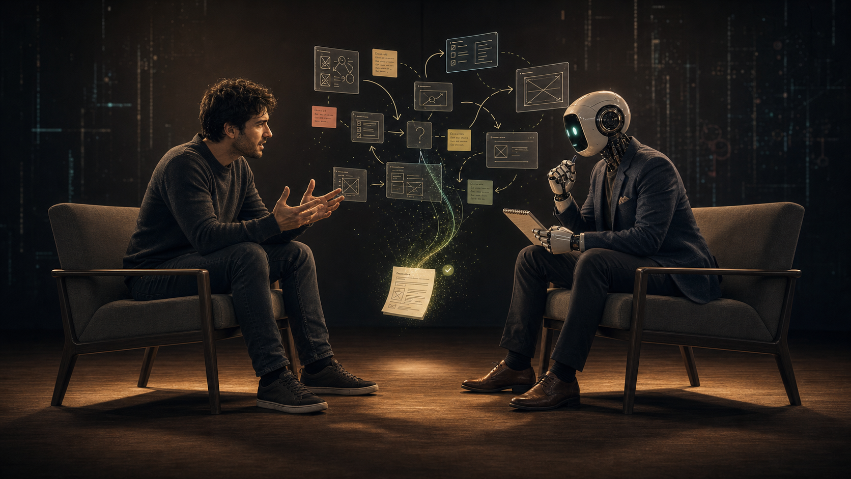 A human engineer explains an idea with hand gestures while a robot interviewer takes notes on a sparse stage