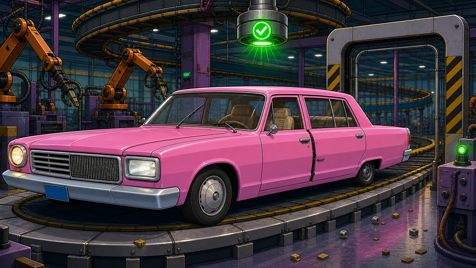 A pink sedan rolling out of an automated factory with mismatched headlights, split grille, inconsistent seats, and a green approval light overhead