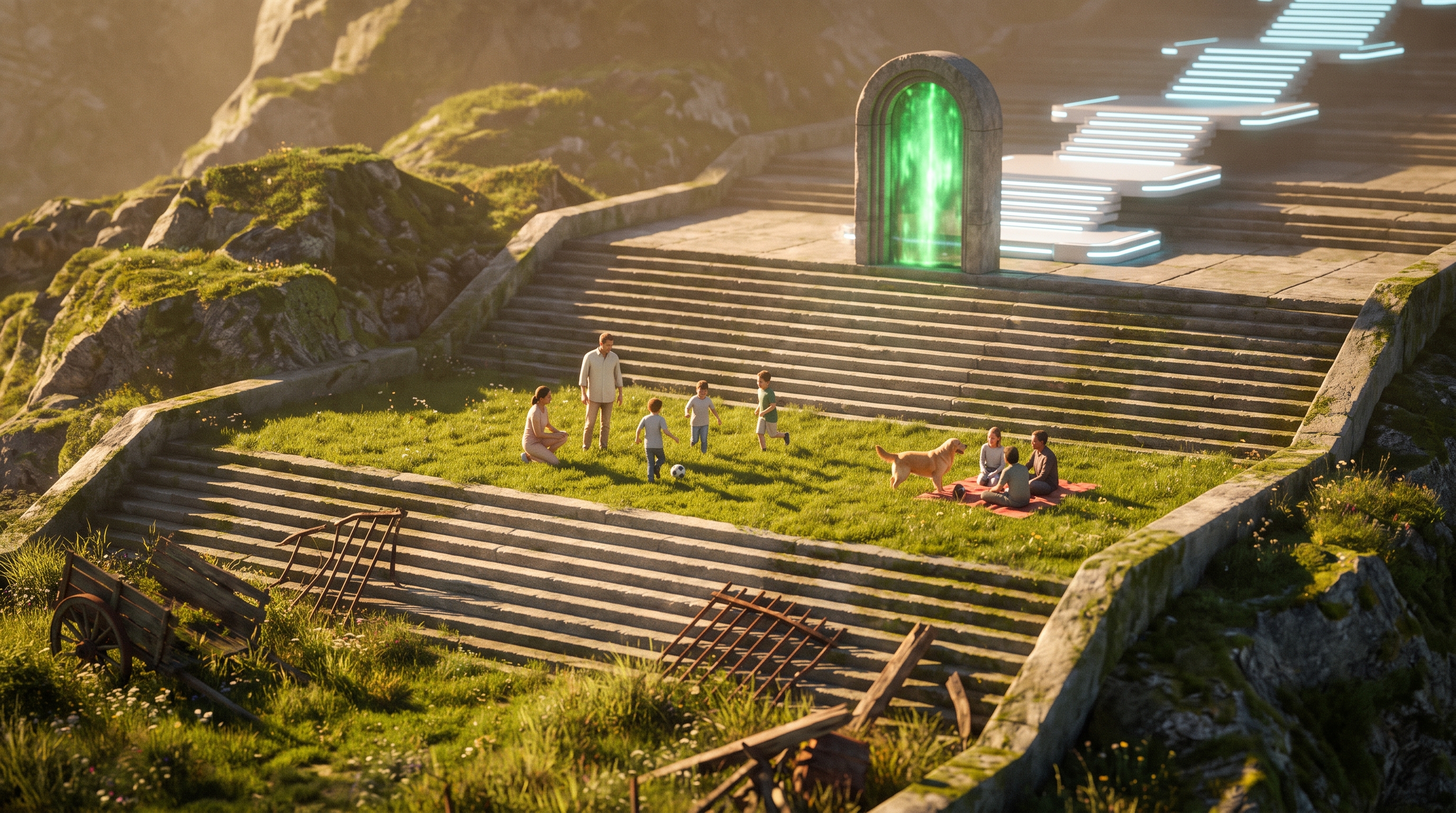 A family plays midway up a stone staircase, with wreckage below and an emerald gate above