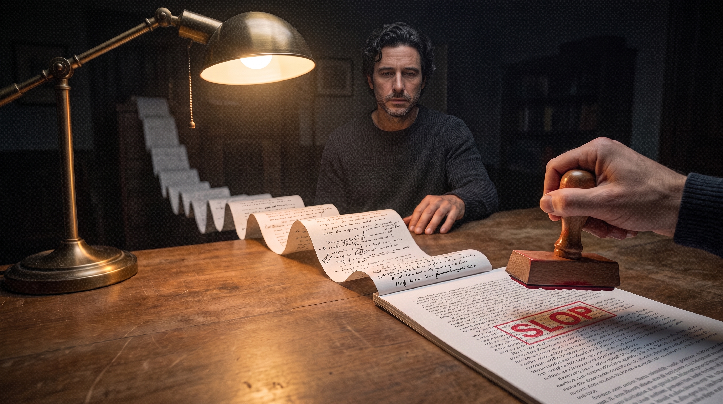 A hand rests on a long roll of handwritten work while a stranger stamps the printed page SLOP in red