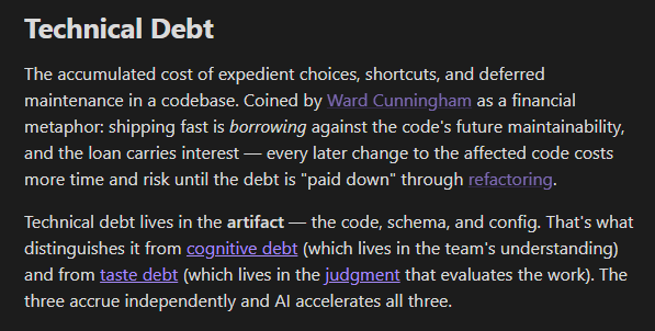 The Technical Debt note in Obsidian, with inline wikilinks like Ward Cunningham and refactoring