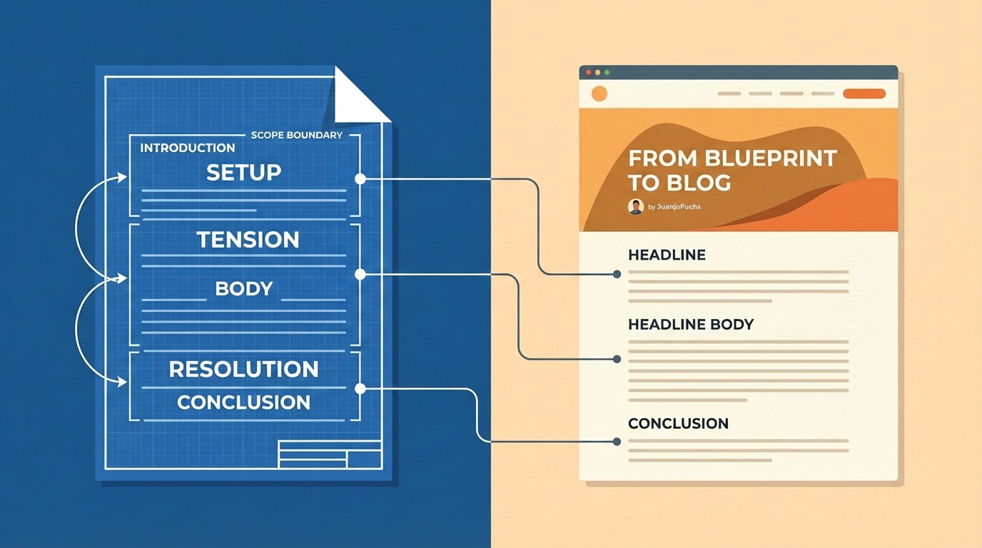 A spec document with visible structure transforming into a finished blog post, blueprint-to-building aesthetic