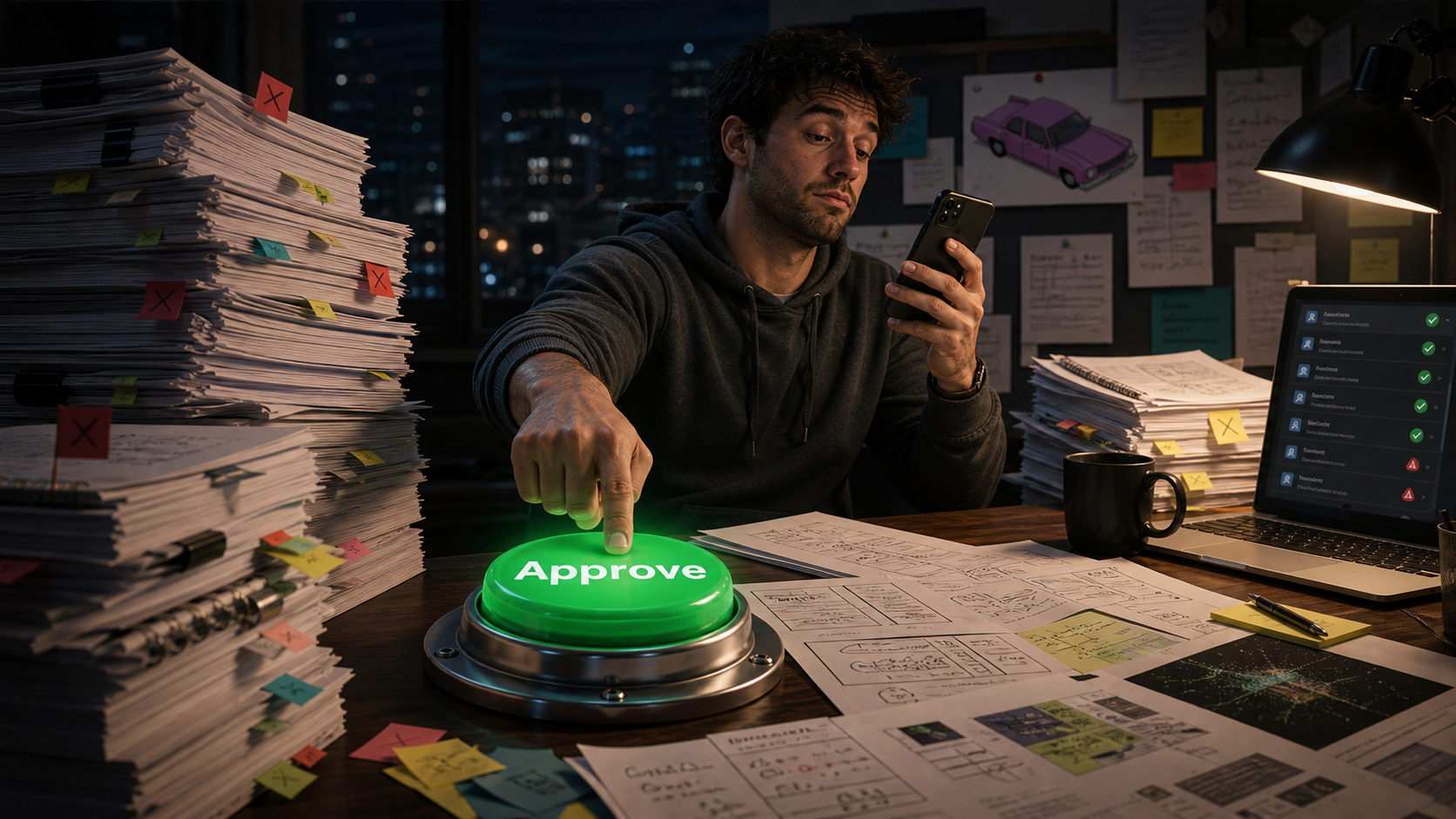 A distracted reviewer presses a glowing green Approve button while ignoring stacks of unread documents