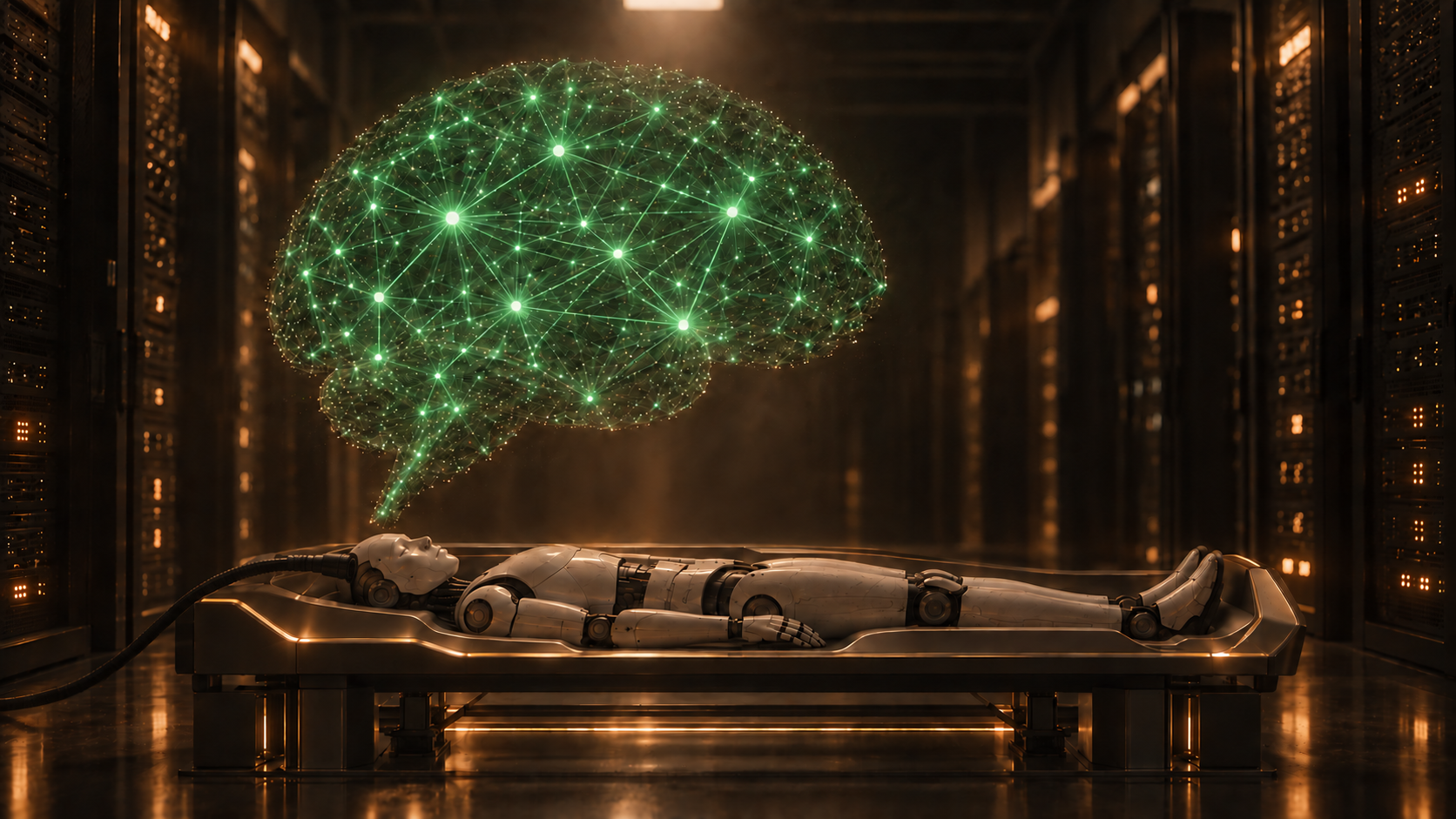 A robot lies on a charging cradle in a dark server room, an emerald network shaped like a brain floating above its head