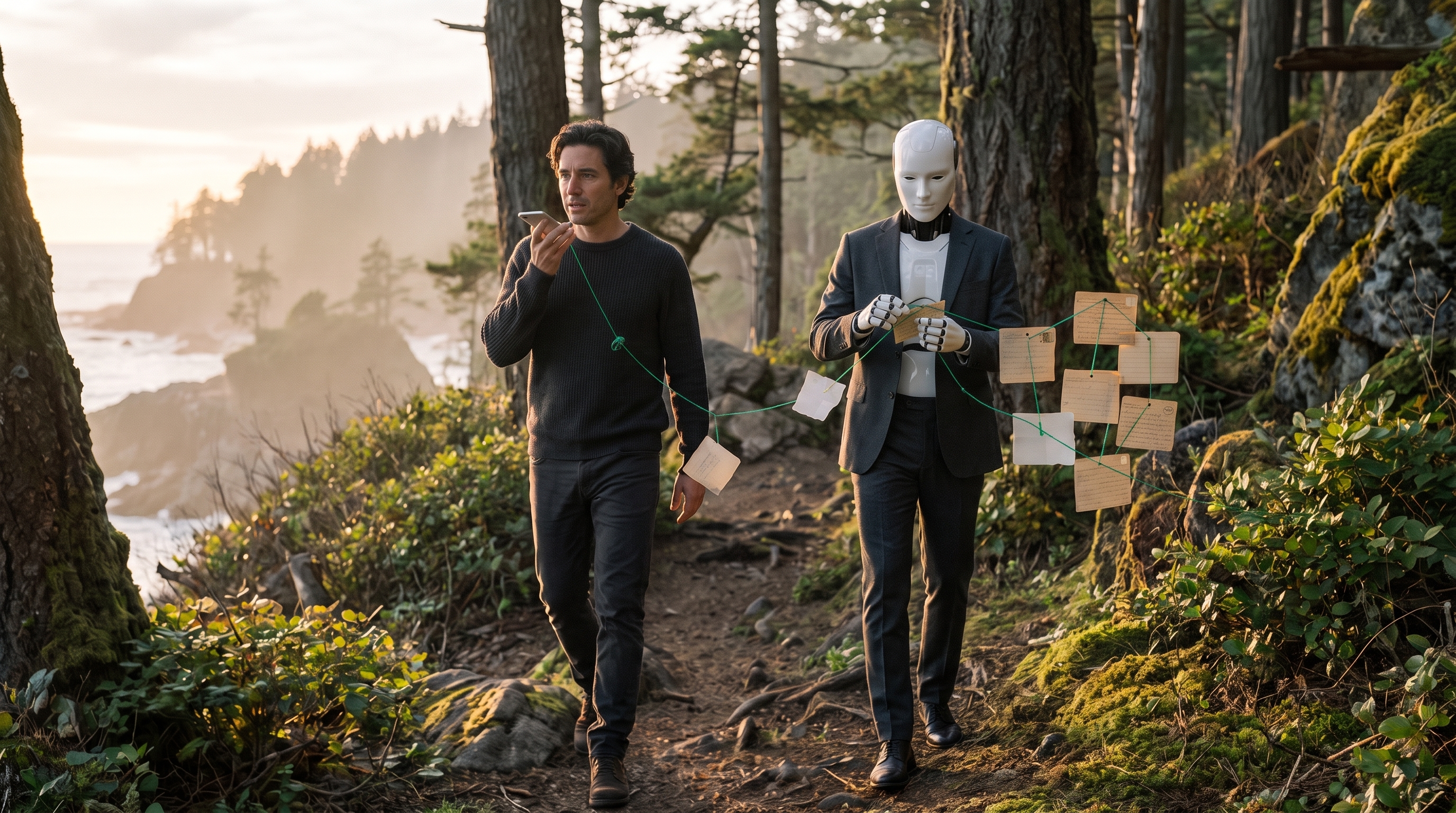 A man walks a forest trail dictating into his phone while a robot beside him stitches his idea into a web of older notes