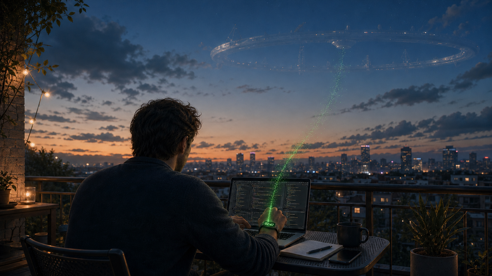 A person working on a balcony at dusk while green time drains from their watch toward a faint orbital station in the sky