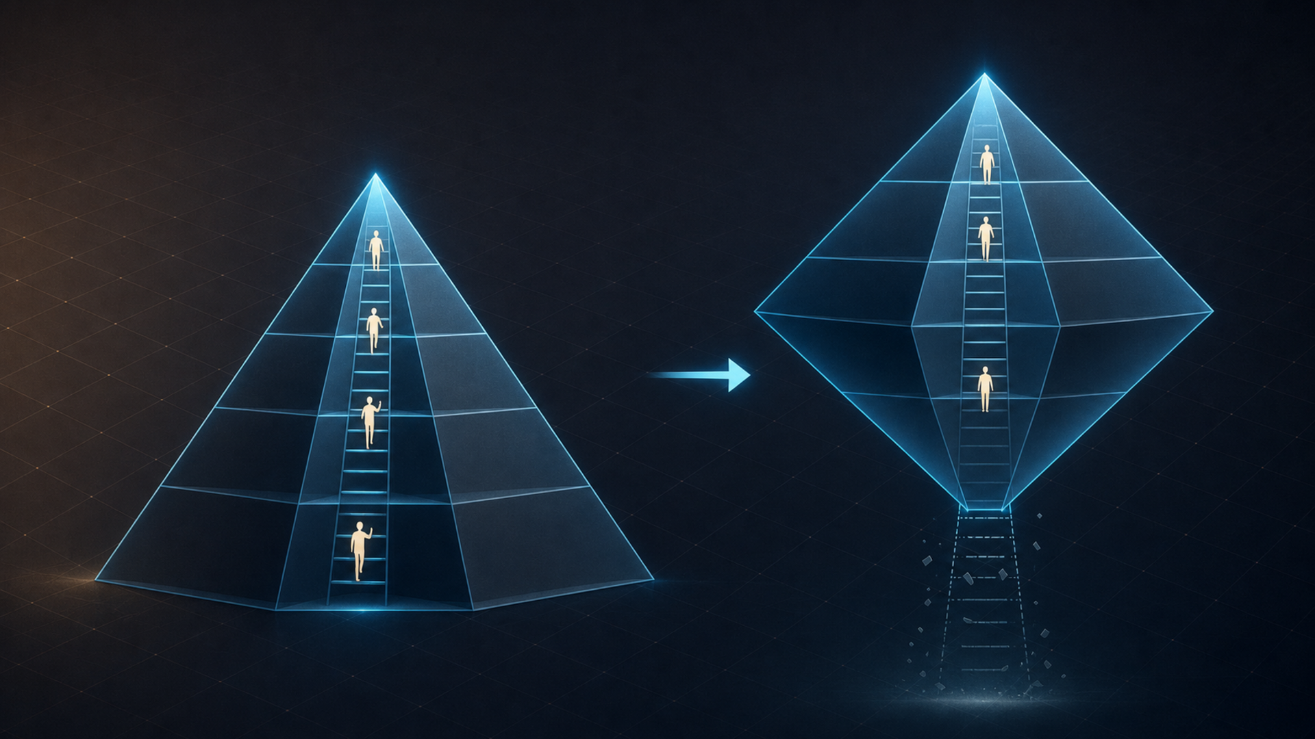 A pyramid with a wide junior base on the left, an arrow pointing right to a diamond with a thin neck where the base used to be