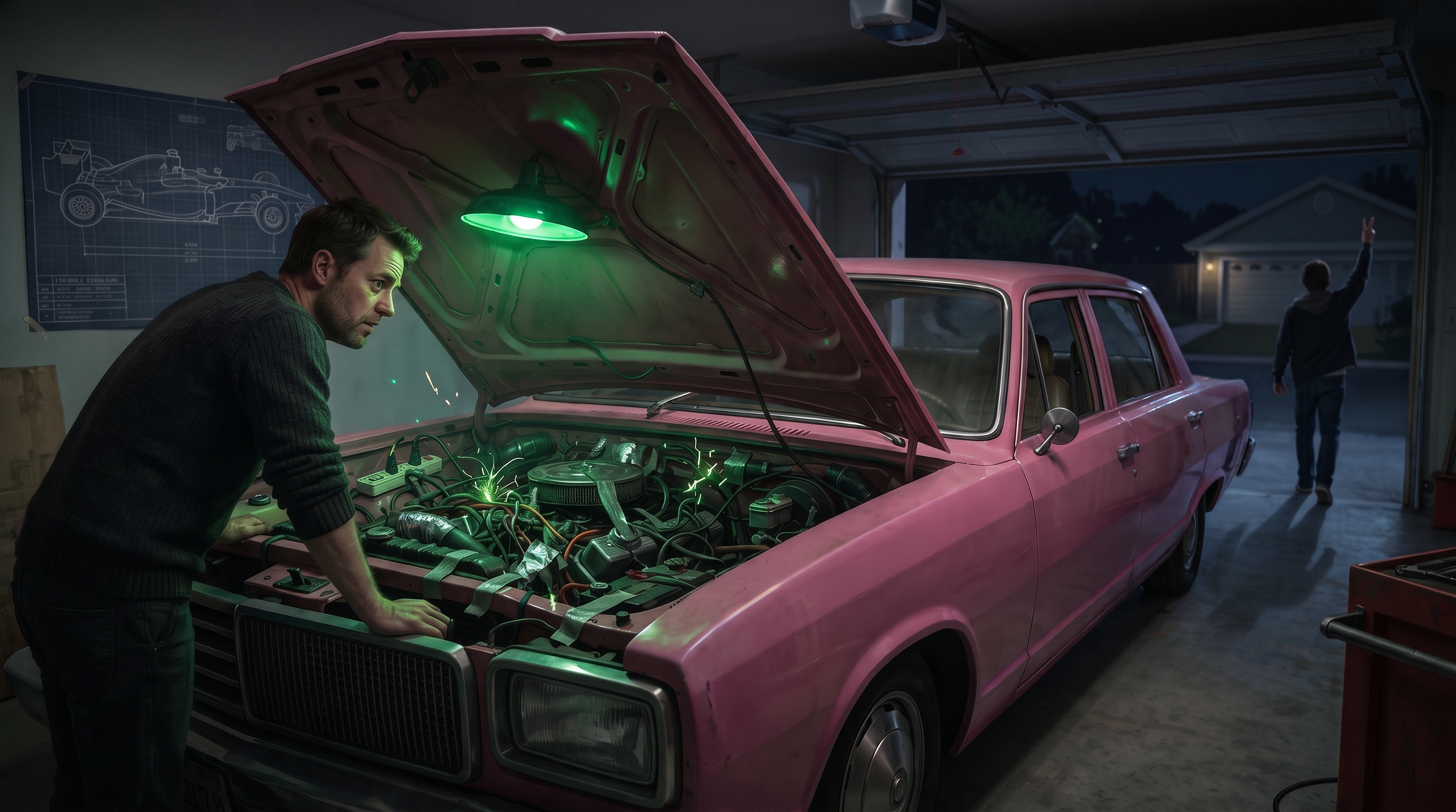 An engineer stares into the taped-together engine of a pink sedan while the person who built it walks out the garage
