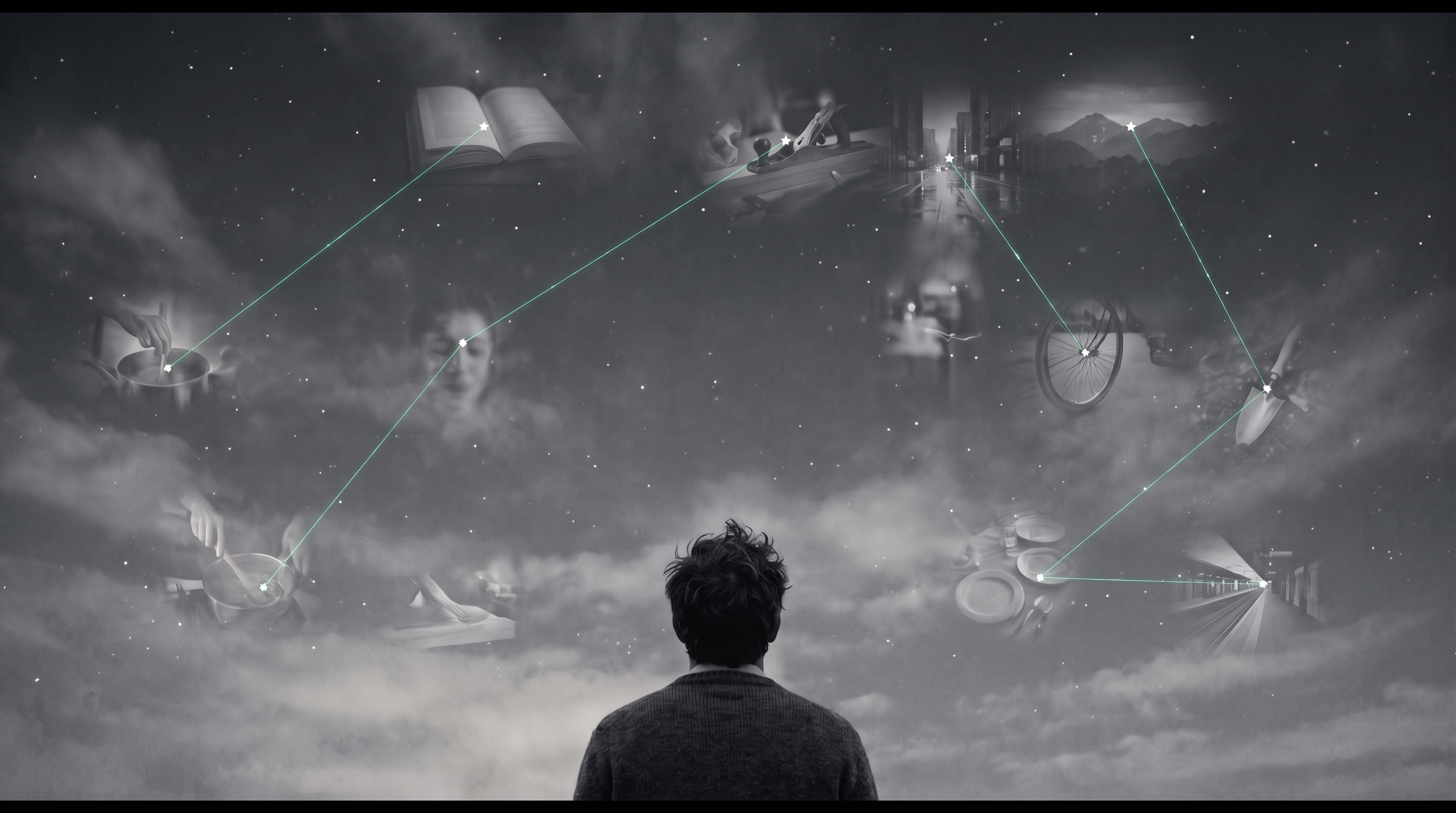 A person looks up at a night sky of faint memories, connected by emerald constellation lines.